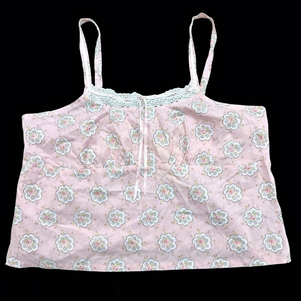 Laura Ashley Floral Coquette Cami Women XL Pink Lace Trim Cotagecore Pastel‎ NWT